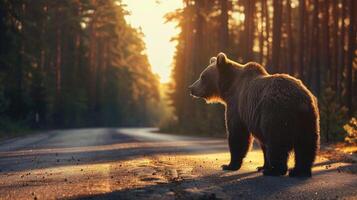 ai gegenereerd beer staand Aan de weg in de buurt Woud Bij vroeg ochtend- of avond tijd. weg gevaren, dieren in het wild en vervoer. foto