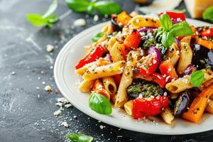 ai gegenereerd pasta salade met gebakken groenten. penne pasta met gebakken pepers, aubergine, pesto en kaas in een wit bord foto