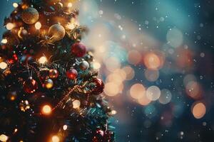 ai gegenereerd versierd Kerstmis boom Aan wazig achtergrond, onscherp lichten behang foto