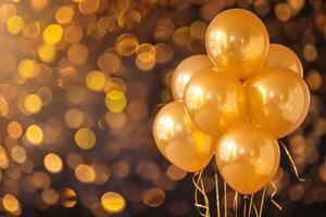 ai gegenereerd goud ballonnen met linten Aan bokeh achtergrond, viering behang, leeg ruimte foto