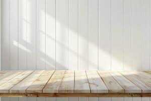 ai gegenereerd modern wit keuken met houten licht leeg tafel top foto
