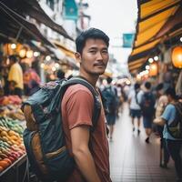 ai gegenereerd een reiziger met een rugzak verkennen een bruisend markt straat, omringd door kleurrijk kraampjes en bezig klanten foto