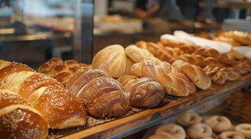 ai gegenereerd geassorteerd bakkerij producten inclusief broden van brood en broodjes. foto