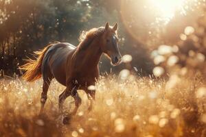 ai gegenereerd mooi ras paard rennen in de veld- in zomer foto