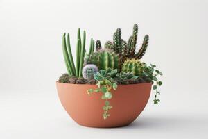 ai gegenereerd groep van divers binnen- cactussen en sappig planten in pot foto