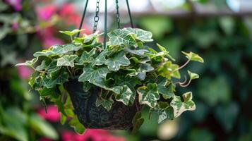 ai gegenereerd de concept van huis en tuin van stammen klimop gegroeid in een hangende mand Aan fabriek kinderkamer, sier- klimplanten. foto