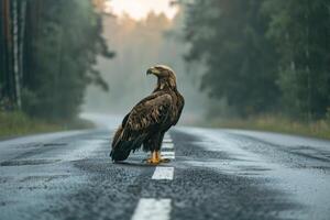 ai gegenereerd adelaar staand Aan de weg in de buurt Woud Bij vroeg ochtend- of avond tijd. weg gevaren, dieren in het wild en vervoer. foto