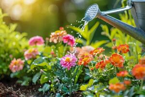 ai gegenereerd zonlicht filters door een tuin tafereel waar een gieter kan voedt een bed van levendig bloemen, vastleggen de essence van voorjaar groei foto