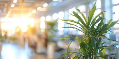 ai gegenereerd een foto van een groen fabriek ingemaakt in een wit houder zittend Aan een bureau in een kantoor instelling. de fabriek voegt toe een tintje van natuur naar de werk milieu