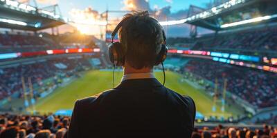 ai gegenereerd een persoon is staand in voorkant van een groot, opgewonden menigte Bij een voetbal spel, waarschijnlijk een sport- commentator of presentator. foto