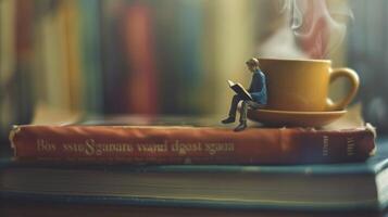 ai gegenereerd een miniatuur Mens zittend Aan top van boeken lezing met koffie kop foto