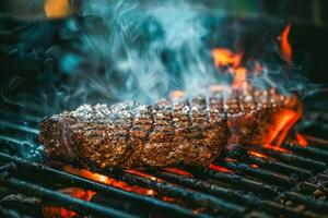 ai gegenereerd een sappig biefstuk steak kookt naar perfectie Aan een vlammend grill, haar oppervlakte aangebraden met rooster merken net zo rook zweeft omhoog, vastleggen de essence van barbecue foto