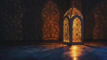 ai gegenereerd een Islamitisch lantaarn met meetkundig patronen en licht foto