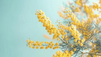 ai gegenereerd mooi mimosa bloemen in een geel kleur tegen een lucht blauw achtergrond foto