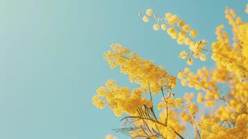 ai gegenereerd mooi mimosa bloemen in een geel kleur tegen een lucht blauw achtergrond foto