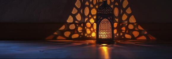 ai gegenereerd een Islamitisch lantaarn met meetkundig patronen en licht foto