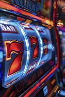 ai gegenereerd macro detailopname van casino machine. symboliseert geluk, gokken, succes, en de sensatie van de pot foto