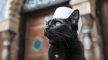 ai gegenereerd een zwart kat vervelend wit kufi pet, Islamitisch achtergrond, eid mubarak foto