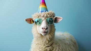 ai gegenereerd schapen vervelend een partij hoed en zonnebril geïsoleerd Aan blauw achtergrond foto