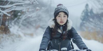 ai gegenereerd Japans vrouw fietser rijden fiets door met sneeuw bedekt landschap foto