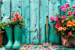 ai gegenereerd een levendig Scherm van lente tuinieren, met kleurrijk bloemen in vol bloeien, geregeld De volgende naar groen rubber laarzen en tuinieren gereedschap foto