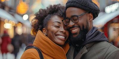 ai gegenereerd een blij paar in winter kleding delen een warm omarmen, hun glimlacht uitstralend geluk tegen een backdrop van zacht stad lichten foto