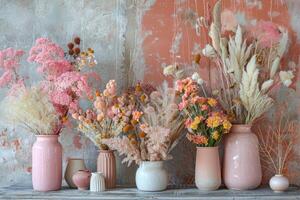 ai gegenereerd modern bloemen samenstelling met divers droog bloemen in Pastelkleurige vazen, reeks tegen een getextureerd, rustiek backdrop foto