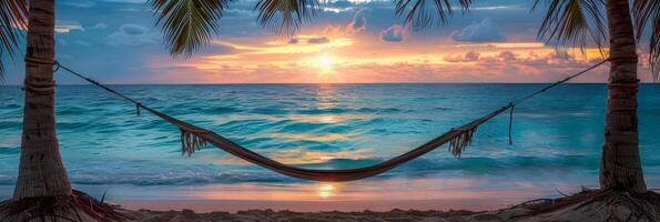 ai gegenereerd een schilderij beeltenis een uitnodigend hangmat geregen tussen twee tropisch bomen Aan een zanderig strand, vastleggen de essence van ontspanning en tropisch paradijs foto