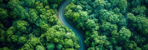 ai gegenereerd de antenne visie vangt een weg snijdend door dicht Woud vegetatie. de weg verschijnt naar spleet in twee paden temidden van de groen, creëren een uniek patroon in de landschap foto