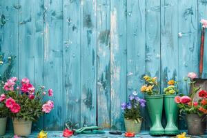 ai gegenereerd een levendig Scherm van lente tuinieren, met kleurrijk bloemen in vol bloeien, geregeld De volgende naar groen rubber laarzen en tuinieren gereedschap foto