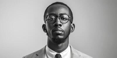 ai gegenereerd een grijswaarden foto van een zwart Mens uitstralend vertrouwen in een ontwerper pak, aangevuld door een minimalistische wit overhemd en uitspraak ronde bril