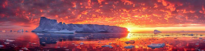 ai gegenereerd een ijsberg drijft sierlijk in de oceaan net zo de levendig kleuren van de zonsondergang verf de lucht. de ijsbergen gekarteld randen contrast met de kalmte water foto