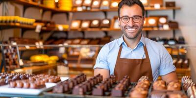 ai gegenereerd een Mens, gekleed in een schort, staat in voorkant van een Scherm van divers chocolaatjes. hij is glimlachen en verschijnt blij net zo hij presenteert de assortiment van snoepgoed foto