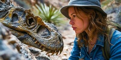 ai gegenereerd vrouw paleontoloog met dinosaurus fossiel. dichtbij stuiten op met de Verleden door een vrouw paleontoloog foto