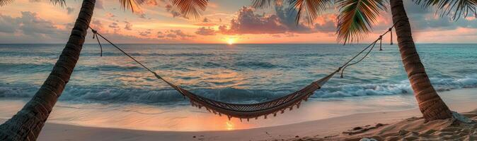 ai gegenereerd een schilderij beeltenis een uitnodigend hangmat geregen tussen twee tropisch bomen Aan een zanderig strand, vastleggen de essence van ontspanning en tropisch paradijs foto