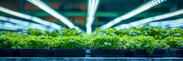 ai gegenereerd weelderig groen sla planten zijn netjes geregeld in rijen binnen een serre, waar ze zijn bloeiend onder gecontroleerd milieu voorwaarden voor hydrocultuur landbouw foto