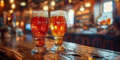 ai gegenereerd deze foto beeldt af twee bril van bier geplaatst Aan top van een bar balie, vastleggen een feestelijk moment in een gewoontjes instelling