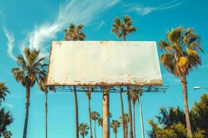 ai gegenereerd een leeg aanplakbord staat hoog onder een Doorzichtig blauw lucht, geflankeerd door torenhoog palm bomen, aanbieden een perfect canvas voor reclame foto