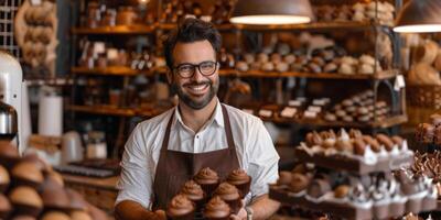 ai gegenereerd een Mens, gekleed in een schort, staat in voorkant van een Scherm van divers chocolaatjes. hij is glimlachen en verschijnt blij net zo hij presenteert de assortiment van snoepgoed foto