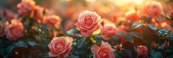 ai gegenereerd een bundel van roze rozen is bloeiend in een zonovergoten serre. de levendig bloemen zijn opening hun bloemblaadjes en bereiken naar de zonlicht naar toenemen en gedijen foto