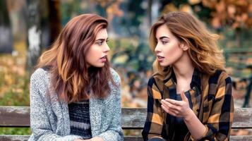 ai gegenereerd meisje praten, sharing geheimen, twee Dames het beste vrienden chatten Aan een park bank, generatief ai foto