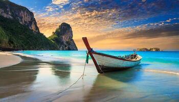 ai gegenereerd verbazingwekkend strand landschap met boot foto