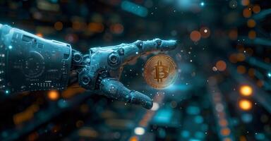 ai gegenereerd cryptogeld digitaal blockchain technologie. robot arm Holding gouden munt symbool van bitcoin foto