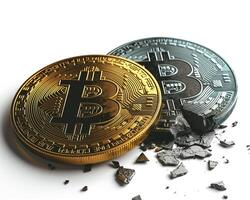 ai gegenereerd een gebroken of gebarsten bitcoins. concept van een cryptogeld markt crisis foto