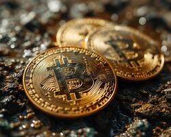 ai gegenereerd bitcoin goud munten. virtueel cryptogeld concept foto