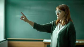 ai gegenereerd empowerment geesten, vrouw leraar opleiden in school- klas De volgende naar een schoolbord, generatief ai foto