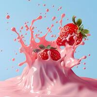 ai gegenereerd roze melk plons met aardbeien geïsoleerd Aan blauw achtergrond foto