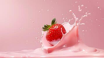 ai gegenereerd roze melk plons met aardbeien geïsoleerd Aan roze achtergrond foto