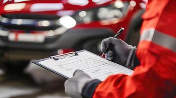 ai gegenereerd auto monteur schrijven Aan klembord Bij de garage, auto onderhoud en reparatie, generatief ai foto