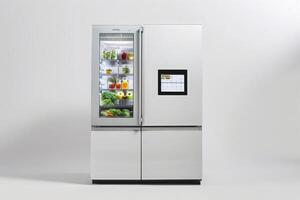 ai gegenereerd een ten volle voorradig high Tech koelkast boordevol met een rangschikking van vers voedsel en dranken. foto